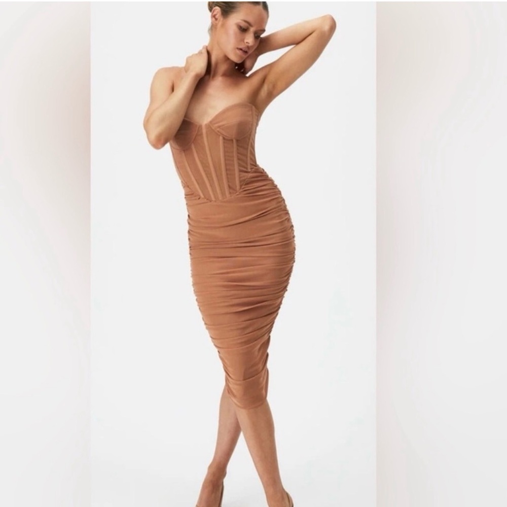Bardot Ruched Corset Bodycon Dress Nude Tan Strapless Size S